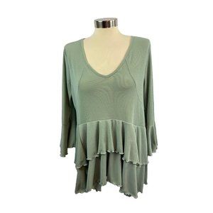 Large Andthewhy Women's Sage Green Pullover Ribbed Knit Top Tiered Ruffle
